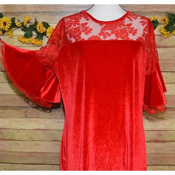 C.O.C. Red Velvet Midi Sheath Dress Plus Size 3X Floral Lace Short Bell Sleeve - Picture 4 of 11